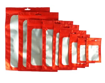 C248-20 - Bolsas de regalo de Mylar rojo QQ Studio, bolsas resellables con cremallera y ventana, bolsas colgantes para regalos de boda