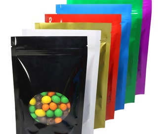 C342 - Bolsas redondas transparentes brillantes con ventana para almacenamiento de alimentos, con base resellable (100 bolsas/paquete)