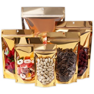 C305- QQ Studio Single-Sided Clear Glossy Gold Stand Up Resealable Packaging Bags for Food Storing or Beauty Product (100 Bags/Pack)