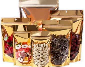 C305- QQ Studio Single-Sided Clear Glossy Gold Stand Up Resealable Packaging Bags for Food Storing or Beauty Product (100 Bags/Pack)