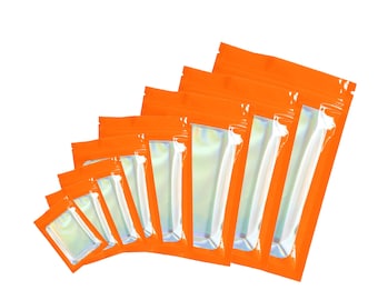 C267-36 QQ Studio Orange Packaging Bag, Holographic Window Bag with Zipper Lock, Cosmetic Sample Pouch