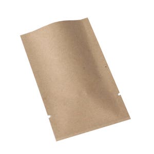May include: A brown paper pouch with a fold-over top and a heat-sealed bottom. The pouch is empty and ready to be filled.