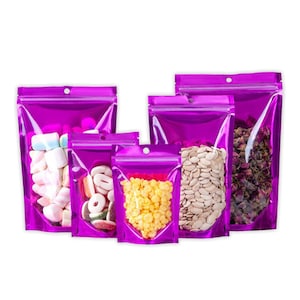 C305- QQ Studio Single-Sided Clear Glossy Purple Stand Up Resealable Packaging Bags for Food Storing or Beauty Product (100 Bags/Pack)