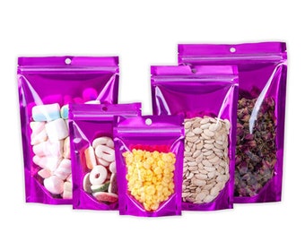 C305- QQ Studio Single-Sided Clear Glossy Purple Stand Up Resealable Packaging Bags for Food Storing or Beauty Product (100 Bags/Pack)
