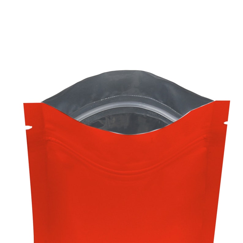 May include: Red stand-up pouch with a silver zipper and a clear window.