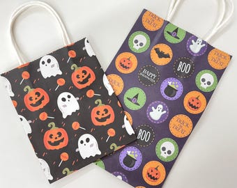 25 Halloween Trick or Treat Party Favor Pumpkin Ghost Black Kraft Paper Handle Gift Bags