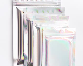 C256-QQ Studio Bolsas holográficas con cierre térmico, color arcoíris, con cierre de presión y doble cara para kits de joyería y accesorios (100 bolsas)