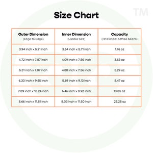 May include: Size chart for coffee bean containers, showing outer and inner dimensions in inches, and capacity in ounces. The chart lists eight different sizes, ranging from 3.94 inches by 5.91 inches to 8.66 inches by 11.81 inches.