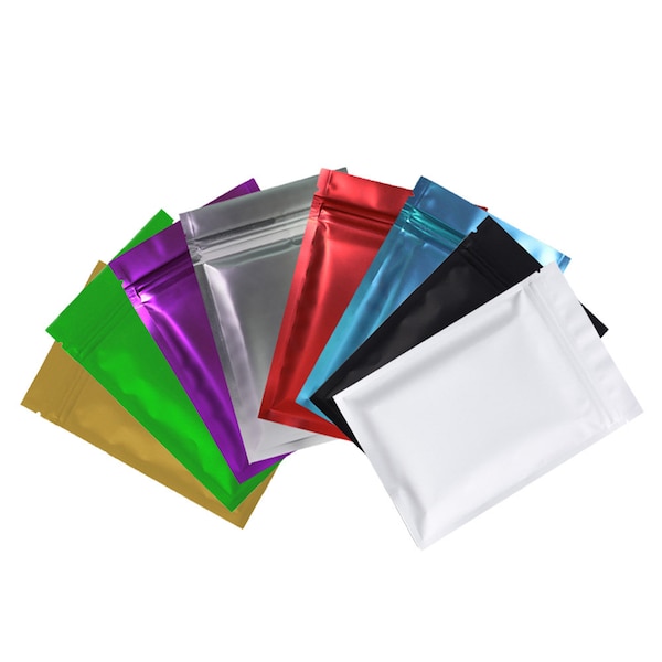 C203- 100 Flat Matte Colored Metallic Foil Resealable Zipper Seal Bags Repacking Pouch w/Tear Notches