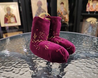 Saint Spyridon Holly Slippers, Saint Spyridon Velvet Boots, Gold Thread Orthodox Shoes