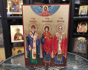 Saint Spyridon Orthodox Icon, Saint Nicholas Religious Icon, Saint Panteleimon Handmade Icon, Greek Icon, Byzantine Icon
