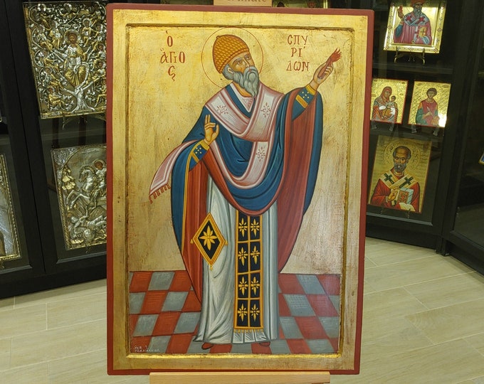 Saint Spyridon Hand Painted Icon, Handmade Greek Orthodox Icon