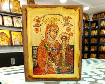 Christian Icon of Mother of God Everlasting Rose, Greek Orthodox Hand painted Icon