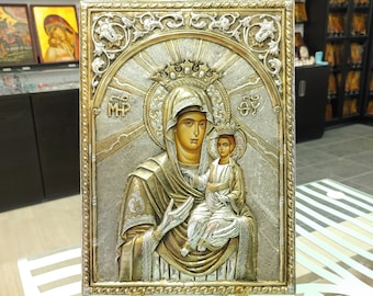 Virgin Mary Sterling Silver Hand Painted Greek Orthodox Icon