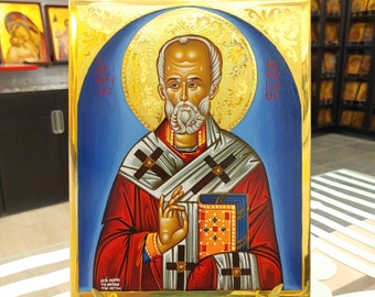 Saint Nicholas Hand Painted 24K Gold Greek Orthodox Icon
