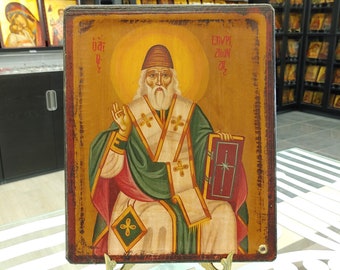 Saint Spyridon Antique Style Orthodox Hand Painted Icon Old Wood