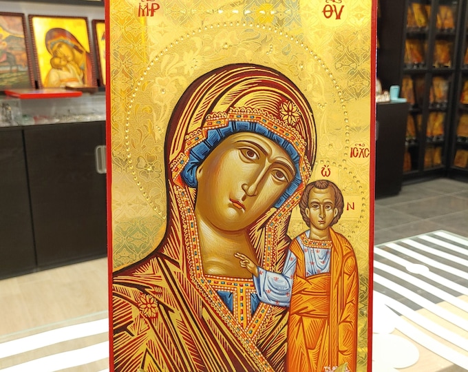 Virgin Mary Kazanskaya Hand Painted 24K Gold Greek Orthodox Icon