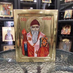 Saint Spyridon Hand Painted 24k Gold Orthodox Icon, Greek Byzantine Icon