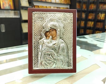 Virgin Mary Sterling Silver Orthodox Icon, Catholic Icon, Religious Icon, Byzantine Icon