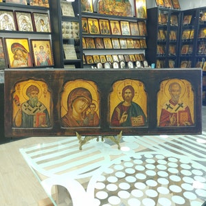 Christian icon of Jesus Christ, Mother of God Kazanskaya, Saint Spyridon, Saint Nicholas Orthodox Icon, Hand Painted Byzantine Icon