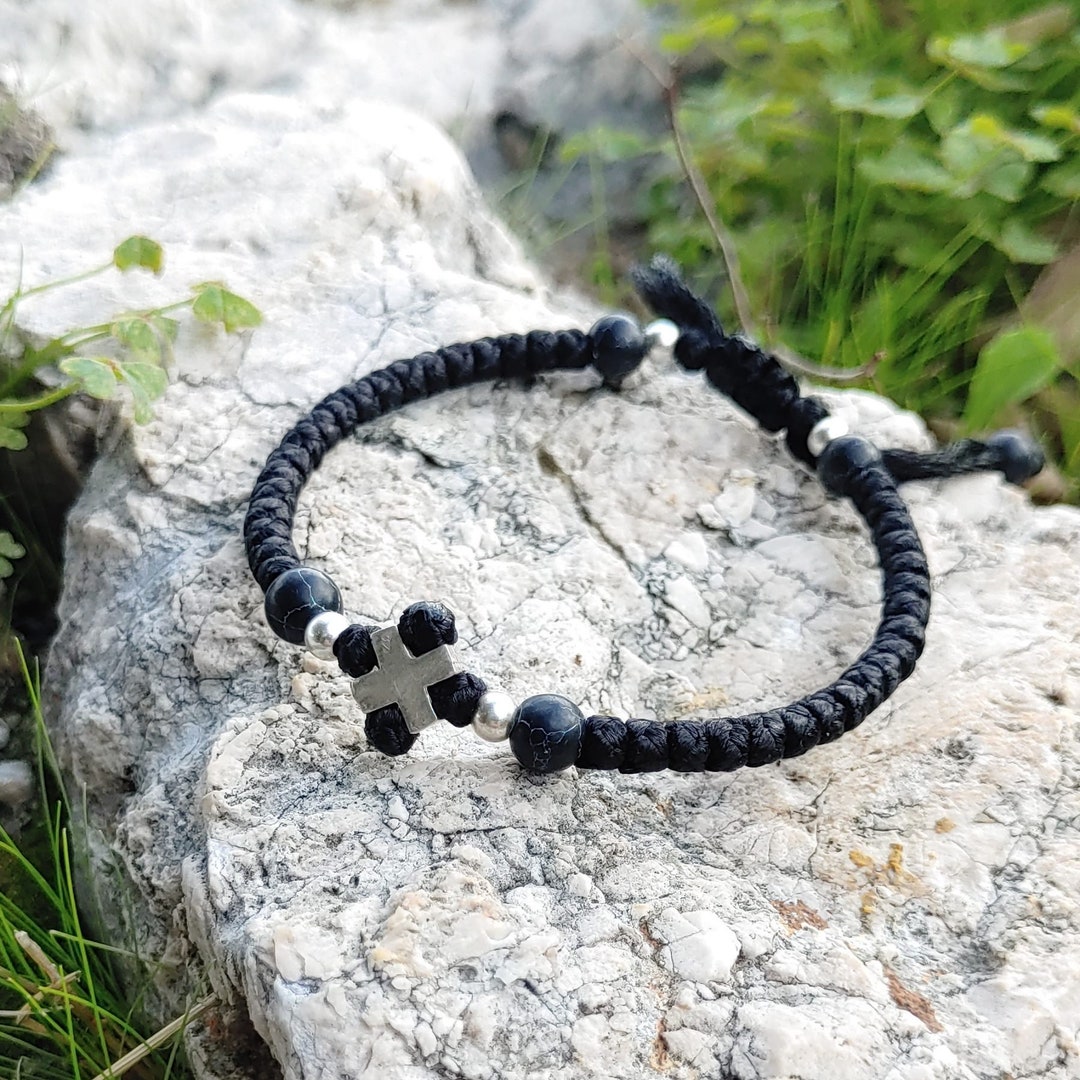 Bracelet De Prière Orthodoxe Komboskini - Cire Noir Et Croix Métal - Fait Main