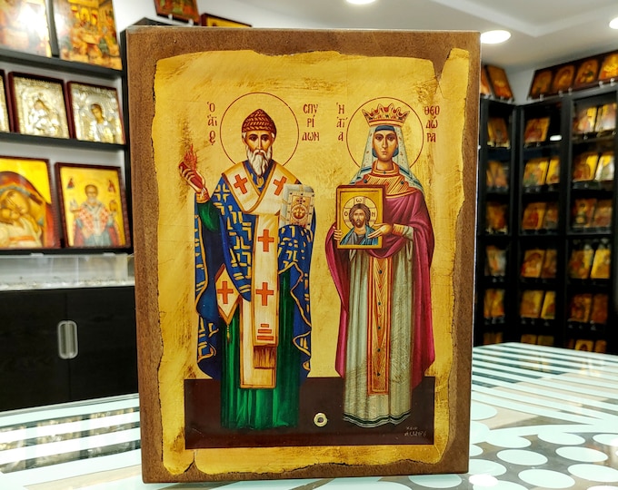Saint Spyridon Saint Theodora Handpainted Orthodox Icon