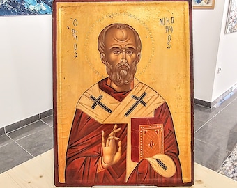 Saint Nicholas Icon, Handpainted Icon, Orthodox Icon, Handmade Icon, Catholic Icon, Old Wood Icon, Byzantine Icon, Egg Tempera Icon