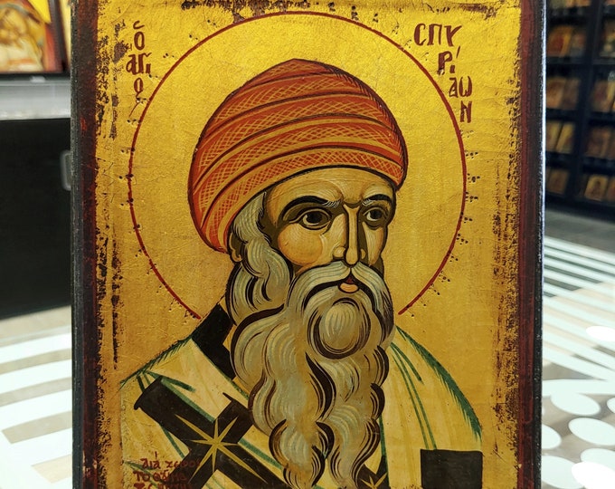 Old Wood Saint Spyridon Hand Painted Greek Orthodox Icon
