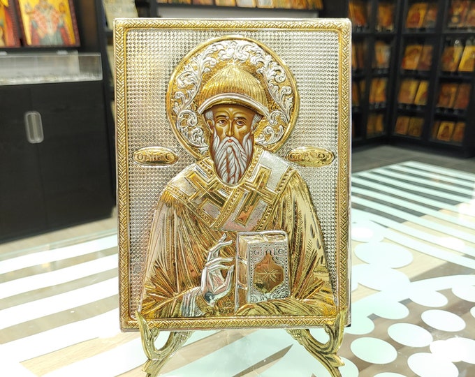 Saint Spyridon Icon, Wondermaker Icon, Sterling Silver Icon, Orthodox Icon, Catholic Icon, Religious Icon, Christian Icon, Greek Icon