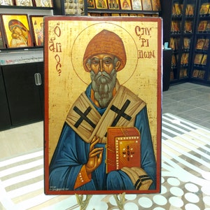 Saint Spyridon Greek Orthodox Icon, Byzantine Hand Painted Icon