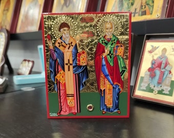 Saint Spyridon Saint Nicholas Hand Painted 24K Gold Orthodox Icon