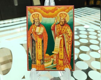Christian Handmade Icon of Saint Kirill and Saint Mefodiy, Byzantine Orthodox Icon