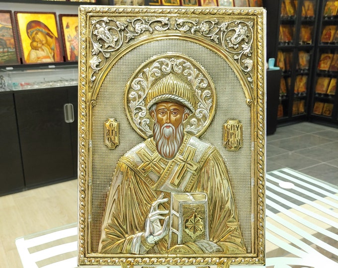 Saint Spyridon Sterling Silver Hand Painted Orthodox Icon