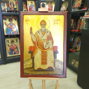 Saint Spyridon Icon, Handpainted Icon, Orthodox Icon, Handmade Icon, Catholic Icon, Old Wood Icon, Byzantine Icon, Egg Tempera