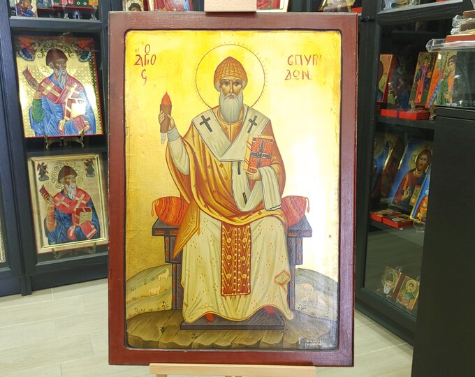 Saint Spyridon Icon, Handpainted Icon, Orthodox Icon, Handmade Icon, Catholic Icon, Old Wood Icon, Byzantine Icon, Egg Tempera