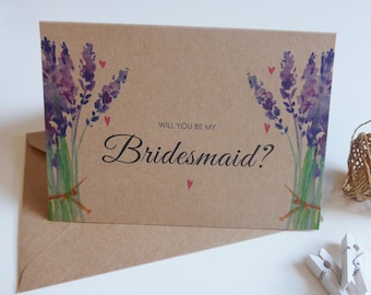 Rustic Will You Be My Bridesmaid/Maid of Honour/Flower Girl Card, Bridesmaid Wedding Card, Maid of Honour, Flower Girl, Lavender, Kraft