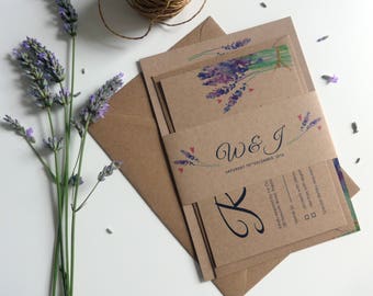 Rustic Wedding Invitation Set, Wedding Invite bundle, RSVP, Belly Band, Lavendar, Kraft