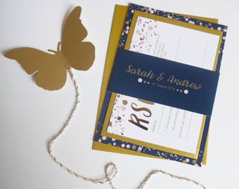 Luxury Gold Foil Wedding Invitation Set, Wedding Invite bundle, RSVP, Belly Band, Confetti