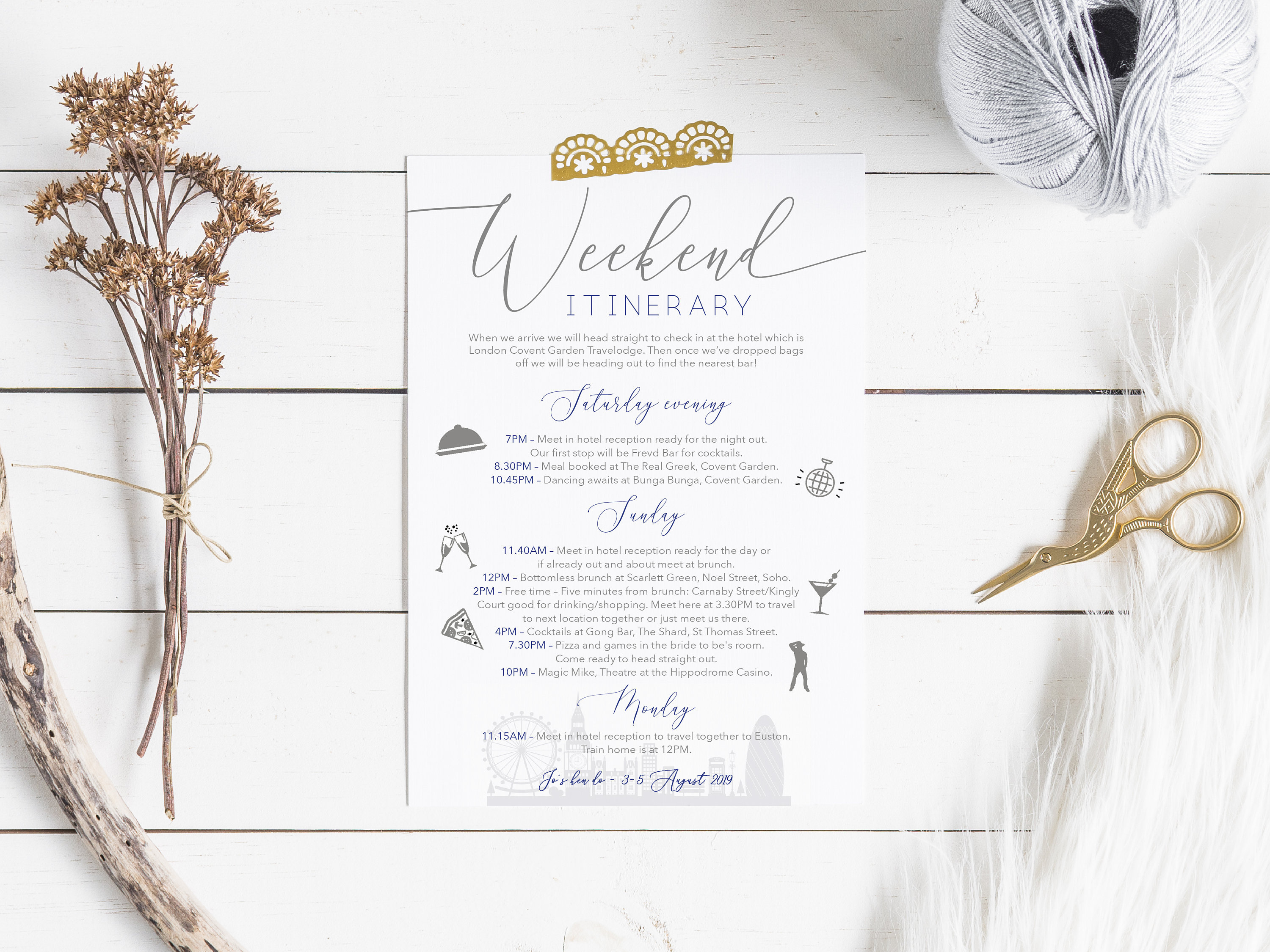 Custom Hen Party Itinerary Modern Hen Party Weekend Timeline Etsy
