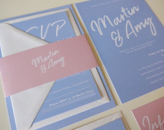 Modern Wedding Invitation set, Wedding Invite bundle, RSVP, Belly Band, Coral, Blue, Stylish, Sleek