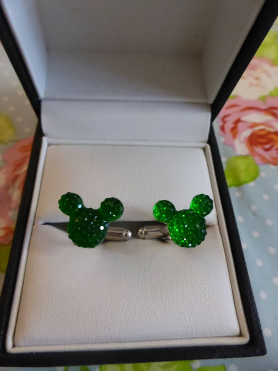 Handmade Mickey Disney Ears Green Bling Crystal Cufflinks  display picture 1