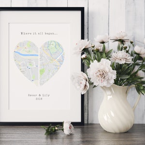 Heart Map Art, Map Heart, Heart Map Print, New Home, Personalised Map Gift, First Anniversary, Wedding Gift 1 Heart Split in 2