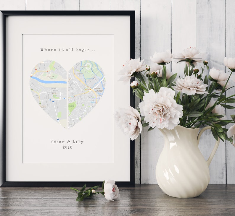 Heart Map Art, Map Heart, Heart Map Print, New Home, Personalised Map Gift, First Anniversary, Wedding Gift 1 Heart Split in 2