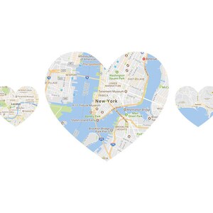 Heart Map Art, Map Heart, Heart Map Print, New Home, Personalised Map Gift, First Anniversary, Wedding Gift 3 Whole Hearts