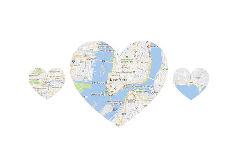 Heart Map Art, Map Heart, Heart Map Print, New Home, Personalised Map Gift, First Anniversary, Wedding Gift 3 Whole Hearts