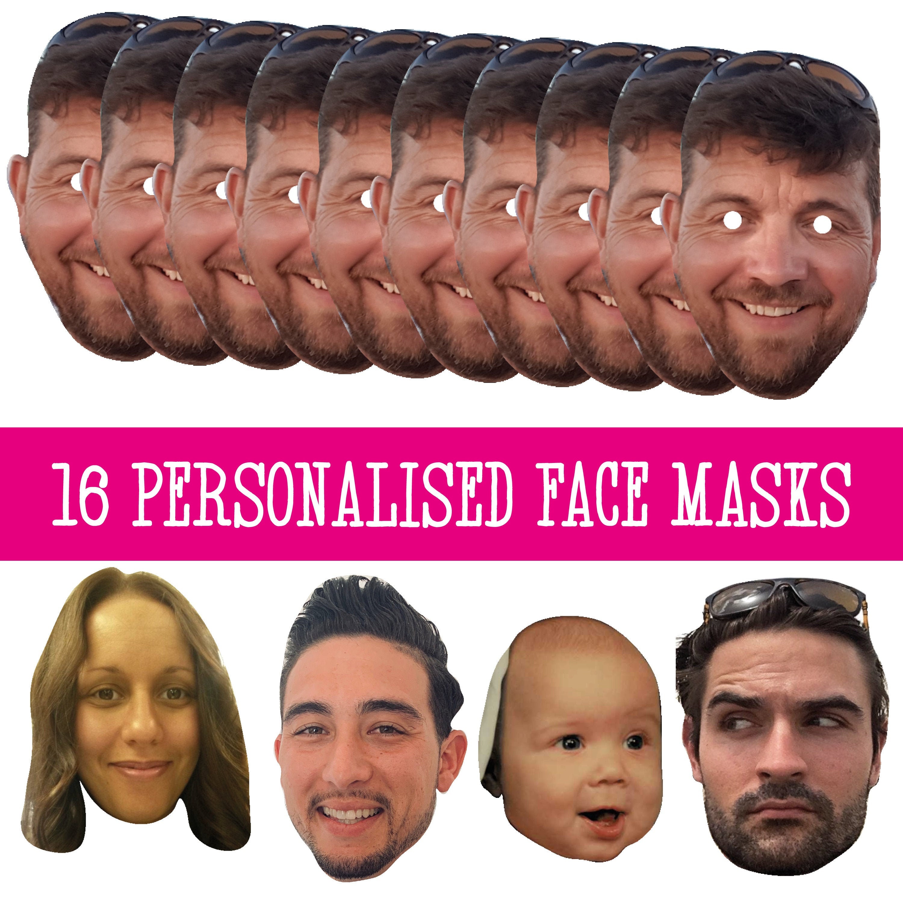 43 x PERSONALISED PHOTO FACE MASKS KITS FOR STAG & HEN NIGHT AND BIRTHDAY PARTY