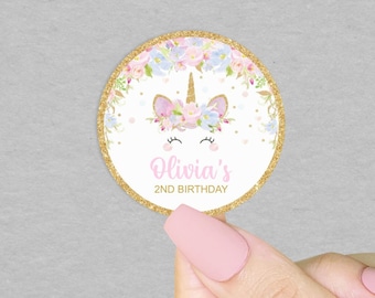 Personalized Unicorn Gold Glitter Birthday Stickers - Party Favors