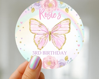 Personalized Butterfly Birthday Stickers: Pastel Party Favors