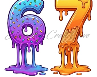 Meme 67 com gotejamento de sorvete, PNG 67, seis sete, impressão DTF, Meme 67, camiseta infantil 67 PNG, Meme do laço 67, SVG de aniversário 67