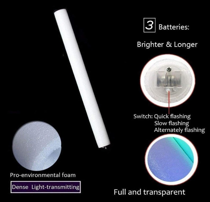 May include: A white, cylindrical light stick with a black tip, set against a black background. The image includes details about the light stick's features: 3 batteries for brighter and longer use, and a switch for different flashing modes.